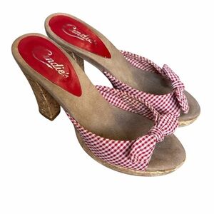 Y2K Candie’s Hannaa Gingham Peep Toe Cork Heels Mules Sandals Red & White Size 6